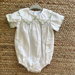 Bella Bliss green white scalloped collar short sleeve bubble onesie, 6M